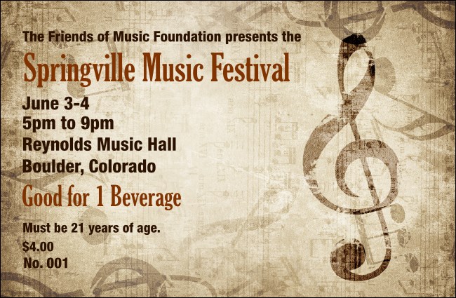 Music Event Drink Ticket Product Front